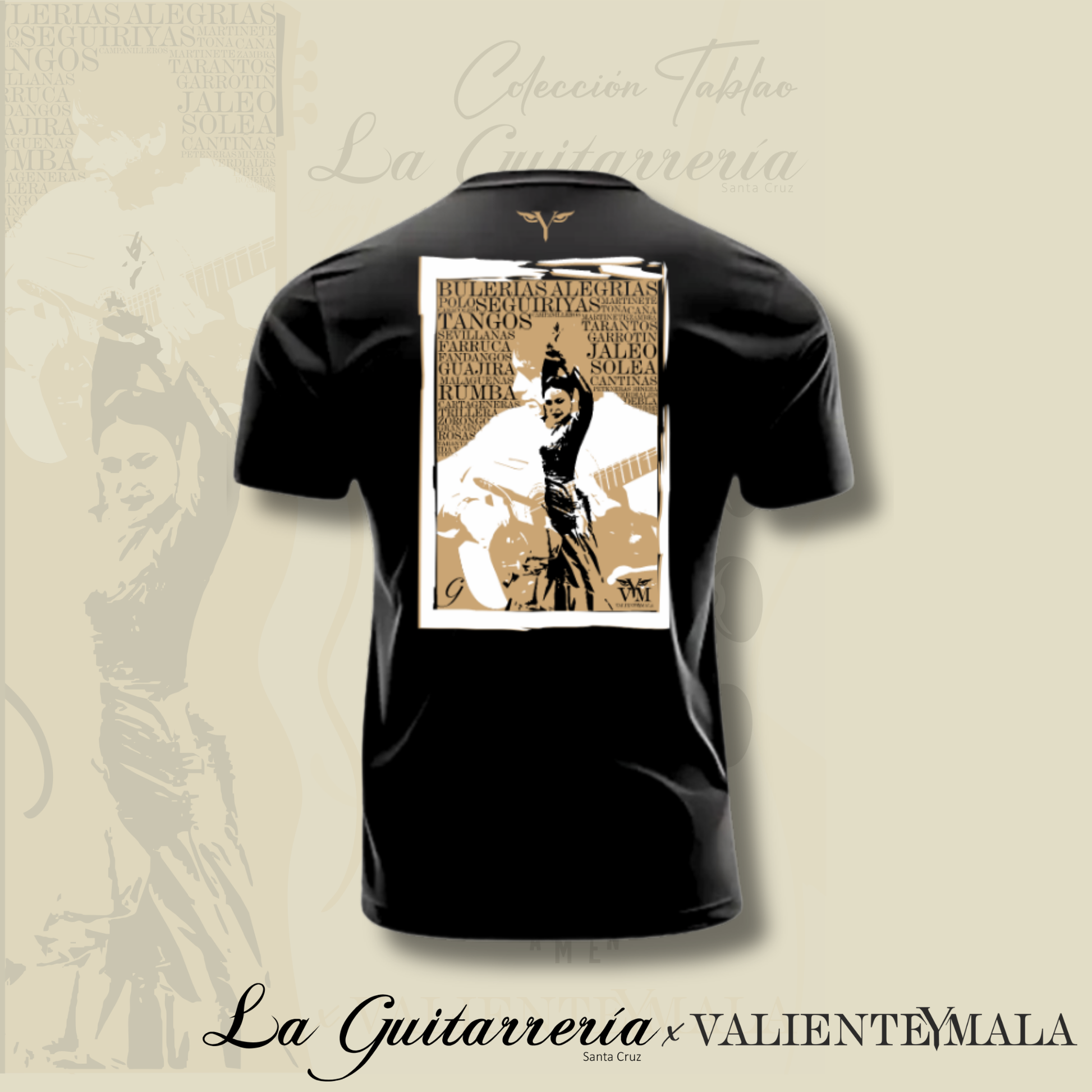 CAMISETA EL ALMA DEL TABLAO-LA GUITARRERÍA SANTA CRUZ X VALIENTE Y MALA