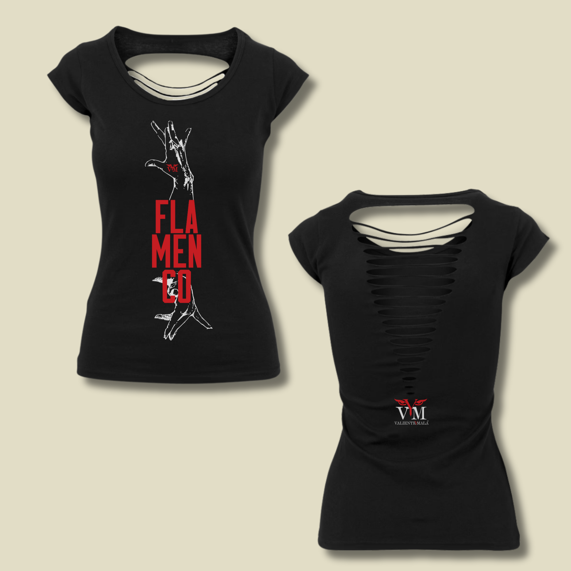 CAMISETA ESPALDA RASGADA MANOS FLAMENCAS